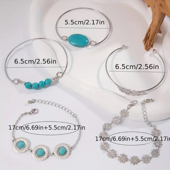 Bracelet Turquoise Silver 5pc Flower Feather Boho Trendy Stylish Southwest Glam - Picture 3 of 3